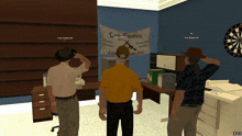 a man in a yellow shirt stands in front of a los santos flag