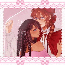 a drawing of a girl in a pink dress and a girl in a red cape