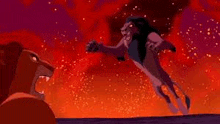 a lion from the lion king is jumping in the air while a lion from the lion king looks on .
