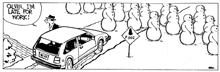 a calvin and hobbes cartoon shows a car driving down a hill