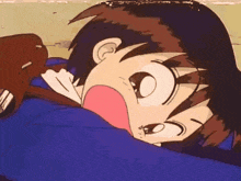 a close up of a cartoon character laying down
