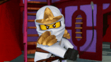 a lego ninjago character is standing in front of a red door