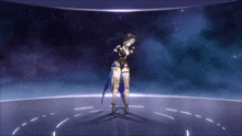 a cartoon character is dancing in a circle with a sword in her hand .