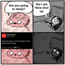 a cartoon shows a brain asking a woman if she is going to sleep