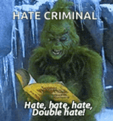 a grinch is reading a book in the snow and says hate criminal