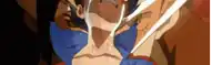 a close up of a cartoon character 's face with a sword in his mouth .