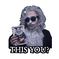 a man in a clown costume is holding a joker card with the words " this you " below it