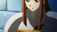 a girl with long red hair is wearing a white armor and smiling