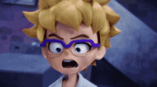a close up of a cartoon character with glasses