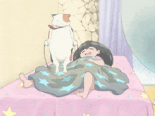 a cartoon of a girl laying on a bed with a cat on a leash