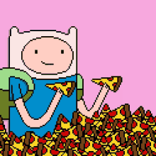 a pixel art drawing of finn from adventure time holding a piece of pizza