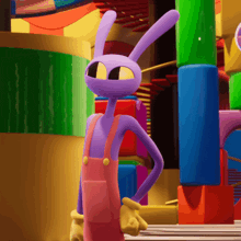 a purple cartoon character wearing pink overalls and yellow gloves stands with his hands on his hips