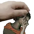 a hand is touching a woman 's head with a ring .
