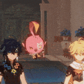 three anime characters are standing next to each other in a room with a pink bunny in the background