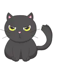 a black cat with yellow eyes and a pink nose is sitting down