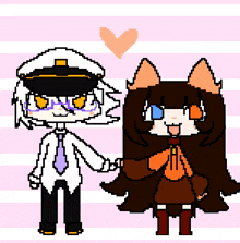 a pixel art of a girl and a boy holding hands