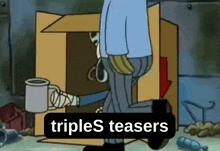 a cartoon of a man holding a cup with the words triples teasers written on the bottom