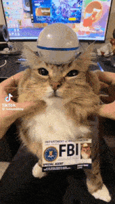 a cat is wearing a fbi badge and a helmet on its head