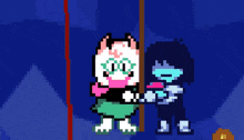 a pixel art of a cat holding a stick next to another cat .