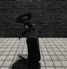 a black and white photo of a person standing in front of a brick wall on a tiled floor .