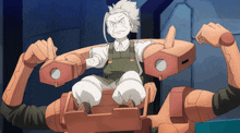 a cartoon character is sitting on a robot with a serious look on his face