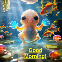 a turtle is surrounded by fish and jellyfish and the words good morning are on the bottom