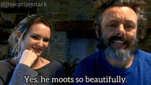 a man and a woman are sitting next to each other with the man saying yes he moots so beautifully