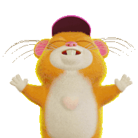 a cartoon hamster wearing a pink hat is standing with its arms outstretched