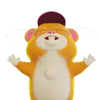 a cartoon hamster wearing a pink hat is standing with its arms outstretched