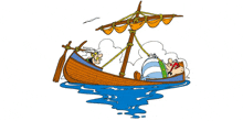 a cartoon of asterix and obelix on a boat in the water