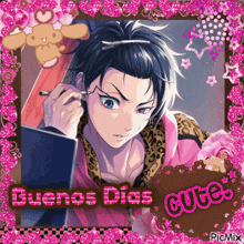 a picture of a boy applying makeup with the words buenos dias cute on the bottom