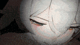 a close up of a person 's face with a gray hair and red eyes