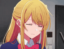 a girl with blonde hair and a red bow on her school uniform
