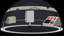 a cartoon drawing of a dome with a control panel and a box