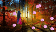 a woman in a pink dress stands in the middle of a forest