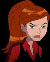a cartoon girl with red hair and green eyes looks angry