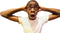 a man in a white shirt is making a funny face with his hands on his head