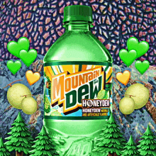 a bottle of mountain dew honeydew is surrounded by green hearts