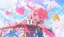 a girl with pink hair is leaning on a railing and the word more is visible