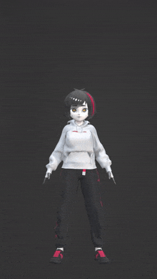 a 3d model of a girl wearing a white hoodie and black sweatpants with red stripes