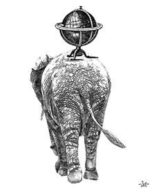 a black and white drawing of an elephant with a globe on top of it