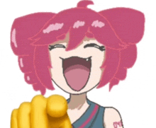 a drawing of a girl with pink hair pointing at the camera