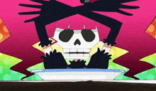 a cartoon drawing of a skull sitting on a plate .