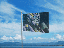 a flag with a picture of a robot on it flies in the wind