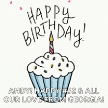 a happy birthday greeting card with a cupcake with a candle on top .