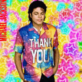 a man in a colorful shirt that says thank you