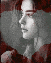 a black and white photo of a woman 's face with red petals in the background