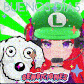 a girl wearing a green hat with the letter l on it stands next to a white dog