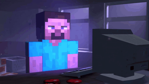 a minecraft character is sitting in front of a computer screen