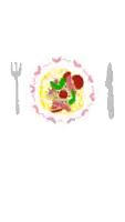 a drawing of a plate of food with a fork and knife behind it